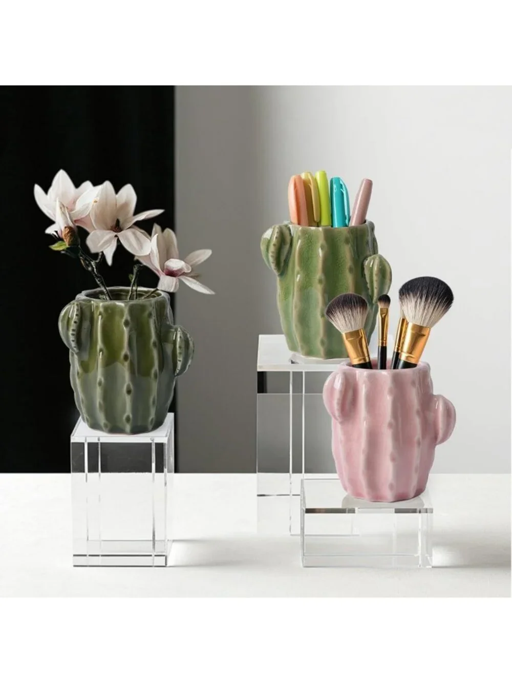 Green Ceramic Cactus Toothbrush Holder - Fun Western Bathroom Decor Accent
